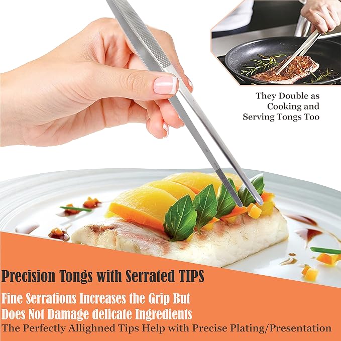 Professional Culinary Stainless Steel Precision Tongs with Serrated Tips, Plating/Food Presentation Detailing Serving Tongs, Chef's Kitchen Tweezer Tongs - Ultra Non-Slip Grip (12 Inch)