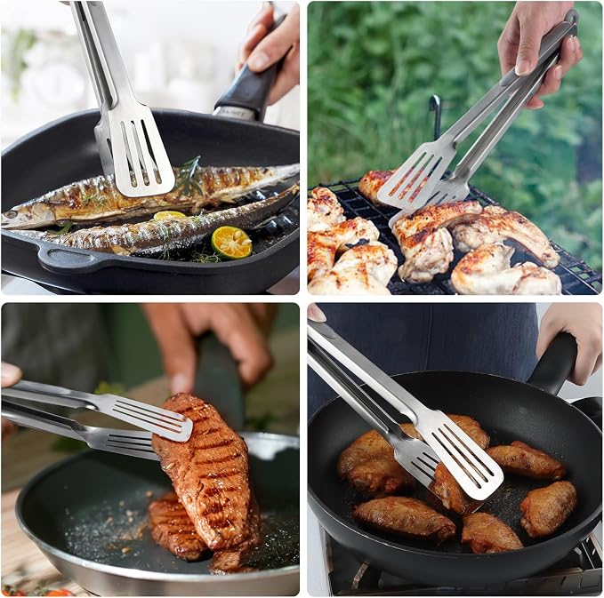 Metal Tongs for Cooking, Set of 2 Stainless Steel Spatula Tongs for Grilling, Cooking and Flipping, Strong Grip for Ribs, Steak and Fish, Comfortable Grip, Pull Lock, 9 inch & 12 inch, Gray