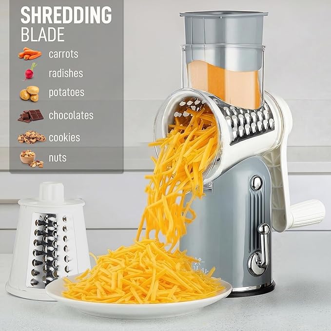 Zulay Kitchen Rotary Cheese Grater 5 Blade Cheese Shredder - Manual Hand Crank Cheese Grater With Reinforced Suction & 5 Interchangeable Drums - Easy to Use, Vegetable Chopper Round Mandoline Slicer