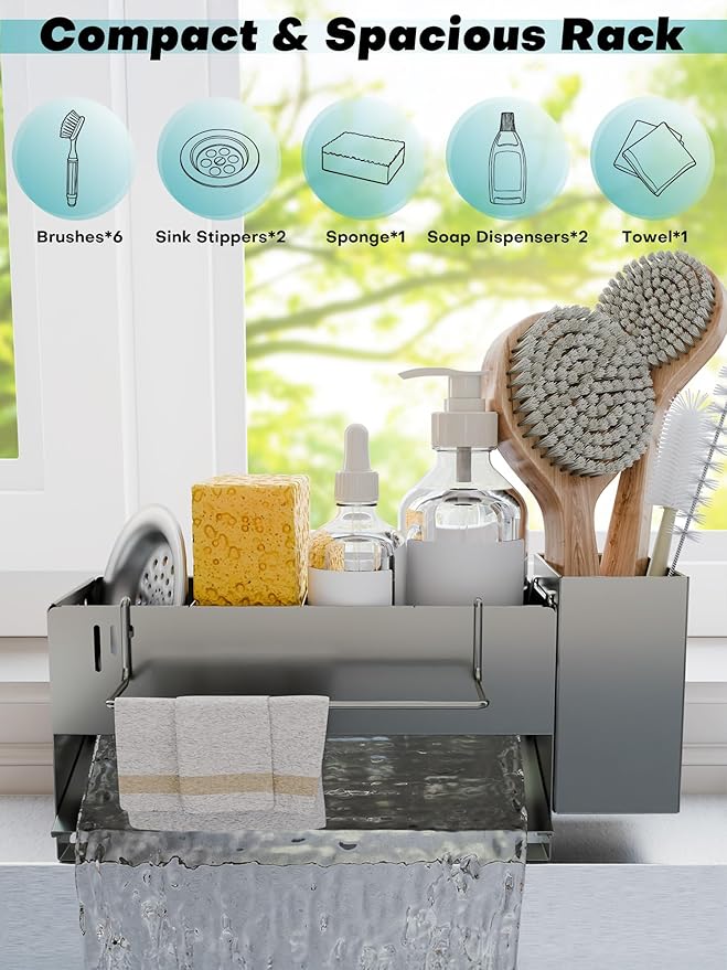 Kitchen Sink Caddy Organizer, Sponge Holder for Kitchen Sink with Upgraded Extra-Wide Drain Board, Efficient Drainage, Stainless Steel with Rust-Resistant Coating