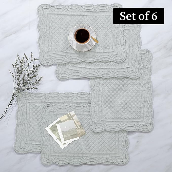 HOMBYS Quilted Placemats Set of 6 Washable-13x18 inches Rectangular Placemats for Kitchen Table-100% Cotton Fabric Rectangular Table Mats, (Light Grey)