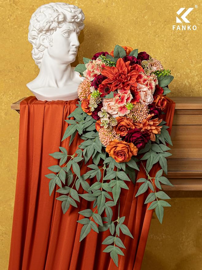 FANKO Artificial Flowers for DIY, Burgundy Burnt Orange Blush Pink Faux Flowers Bouquet, Fake Rose Poppy Dahlia Daisy Silk Flowers for Vase, Home Decor, Celebrations, Summer Wedding, Birthday, Party