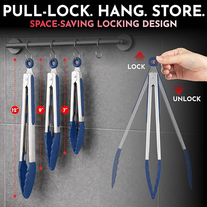 Kitchen Tongs with Silicone Tips Set of 3 Heat Resistant Tongs for Serving Food, 7-Inch, 9-Inch, 12-Inch Locking Silicone Tongs for Cooking, Salad Tong, Blue Kitchen Utensils