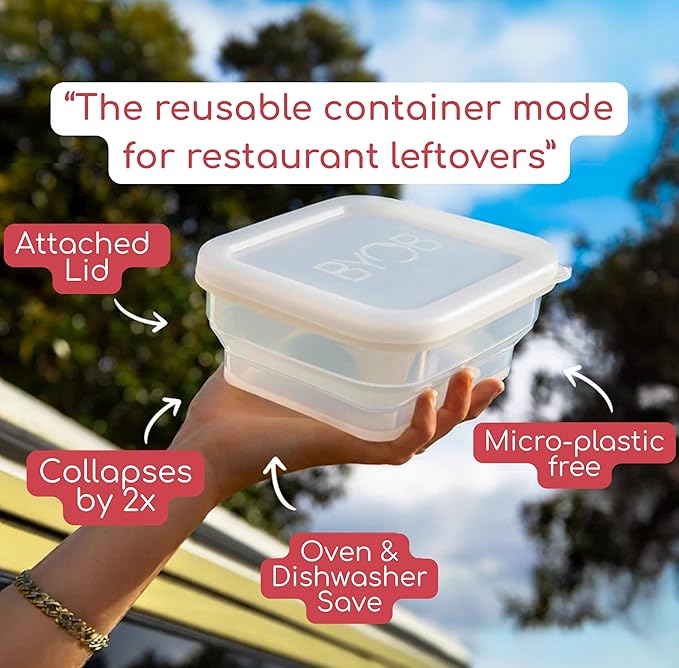 BYOB Collapsible Silicone Food Containers with Attached Lids – Reusable To-Go & Leftover Containers, Platinum Silicone, Leak-Resistant – 2 Pack (White Containers)