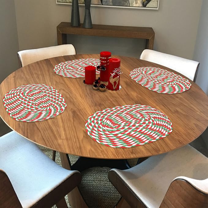 CAIT CHAPMAN HOME COLLECTION Festive Braided Woven 12"x18" Oval Holiday Red Green White Polypropylene Plastic Placemats, Set of 6