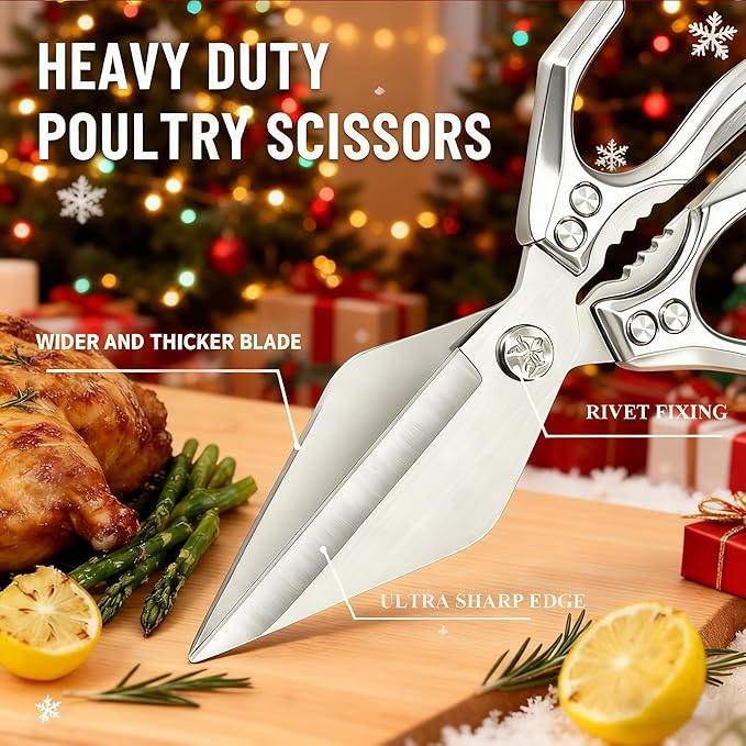 Multifunctional Heavy-Duty Kitchen Shears,Ultra Sharp Stainless Steel Poultry Shears,Multipurpose Food Scissors for Chicken, Meat,Fish, Vegetables,Bone Cutting(Silver)