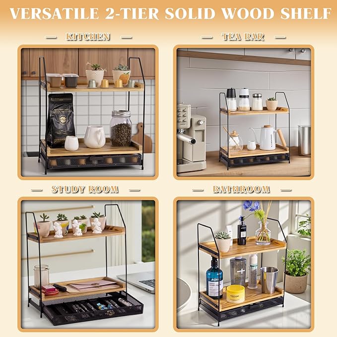 Coffee Bar Organizer - 2 Tier Wooden Station for Coffee Bar Accessories, Essentials, and Decor, for K Cup, Nespresso Pods, Coffee Pod Holder for Kitchen Countertop