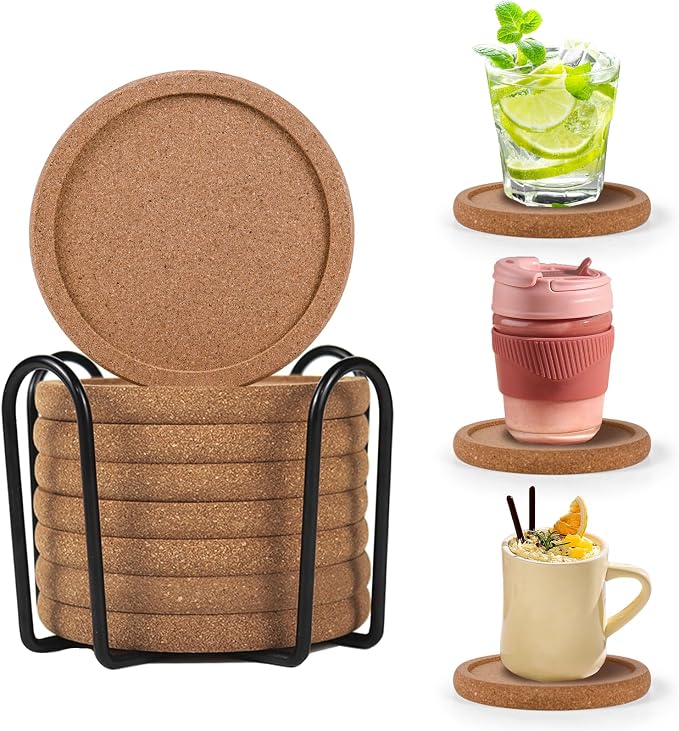 Cork Coasters for Drinks Set of 8 with Holder, Absorbent Round Coasters with Lip, Heat Resistant and Table Protective, 4'' Diameter Suitable for Most Cups, Perfect for Home & Office, Housewarming Gift