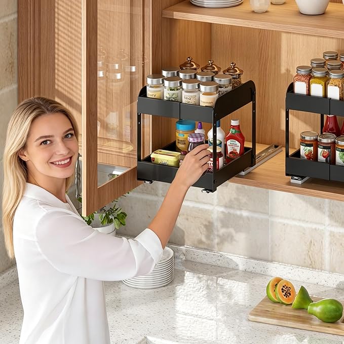 Across-Star Expandable Pull Out Spice Rack For Cabinet, 2-Tier No Drill Slide Out Drawers For Kitchen Cabinet with Adjustable Height, Metal Pullout Spice Holder Seasoning Shelf Inside Cabinet