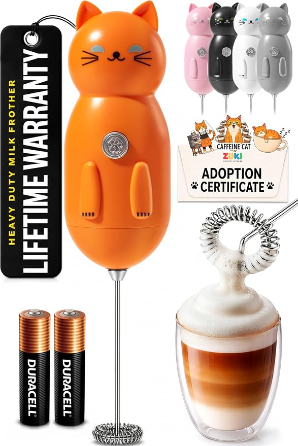 Zulay Kitchen Cat Milk Frother Wand – Cutesy Frother, Meet Your New Frothing Buddy Tiger The Cat, Adoption Papers and Stickers Included, Purrr-fect for Lattes, Cappuccino & Matcha – Orange