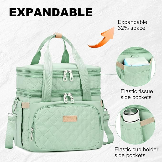 AIJIEKE Insulated Lunch Bag for Women, Large Double Deck Lunch Box for Work, 100% Leakproof Reusable Cooler Tote with Expandable Pockets & Adjustable Strap for Beach, Picnic, Green