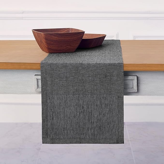 Solino Home Linen Table Runner 144 Inches Long - Athena, 100% Pure Linen Charcoal Grey Dining Table Runner 14 x 144 Inch - Handcrafted and Machine Washable