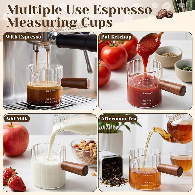 Espresso Cups Set of 4 with 4 Gold Spoons, 4 oz Espresso Shot Glasses with Wood Handle, V-shaped Spouts Cups, Milk Frothing Pitcher, Coffee Bar Accessories, Gift Set for Coffee Lovers(Clear)
