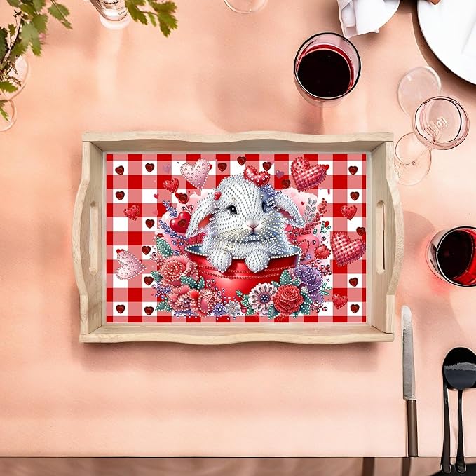 BAYUNOE DIY Diamond Serving Tray Rectangular Breakfast Tray with Handle Handmade Diamond Art Painting Wooden Tray Valentine's Day Red Plaid Dinner Plate Coffee Room Living Home Organizer-Rabbit