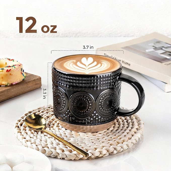 GBhome 12OZ Stackable Coffee Mugs, Ceramic Coffee Mugs with Texture Patterns for Man,Woman,Dad,Mom, Modern Coffee Mugs Set of 4 for Latte/Cappuccino/Cocoa. Dishwasher&Microwave Safe