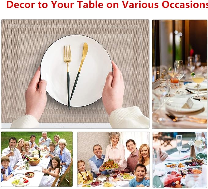 Placemats, Washable PVC Table Mats, Woven Vinyl Placemat for Dining Table Place Mats Set (6 Placemats and 1 Table Runner, Beige-Frames)