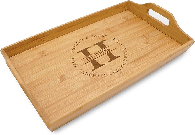 Personalized Bamboo Wood Serving Tray with Handles, Engraved Wooden Trays, Wedding Gifts, Housewarming Gifts (Murray)