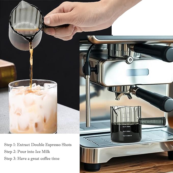 Glass Espresso Cup 6 OZ, Double Shots Measuring Cup with Glass Handle for Dishwasher Safe, Double V-Shaped Spout Milk Frothing Pitcher, Espresso Accessories for Machine, Demitasse Cups (Gray)