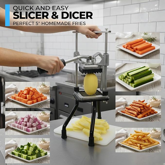 ICO Professional French Fry Cutter & Potato Cutter - Industrial Grade Vertical Potato Slicer for Regular & Sweet Potatoes - 2 Stainless Steel Blades with Universal Pusher & High-Stability Tripod Base