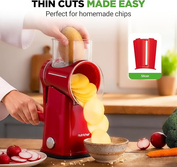 NutriChef 5 in 1 Cheese Grater & Shredder | 5 Different Blades for Thin, Thick, Julienne Strips, Wavy, & Straight Strips | Includes Hand Crank, Strong Suction Base & Storage Container | Red