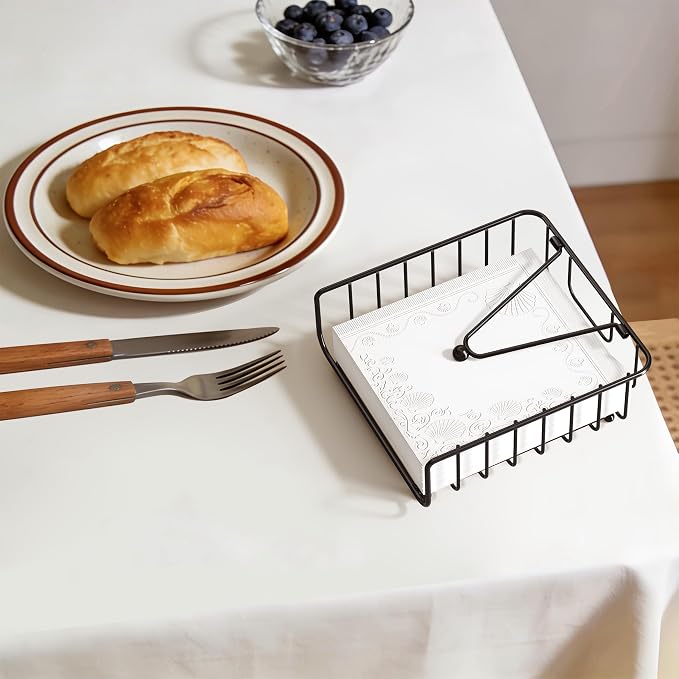 2 Pack Napkin Holder for Table with Weighted Arm, Dinner Metal Flat Napkin Holders for Paper Napkins, Outdoor Napkin Dispenser Restaurant (Black)