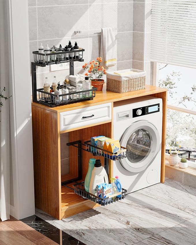 Hahaemall Under Sink Organizer for Bathroom Storage: Pull Out Storage Undersink Organizers Drawer - Sliding 2 Tier Rack Metal Organization Under Counter Kitchen Cabinet for Families, 2 Pack