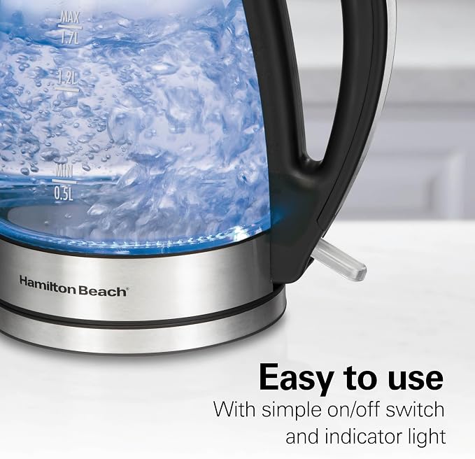 Hamilton Beach 1.7L Electric Kettle, Water Boiler & Heater, LED Indicator, Built-In Mesh Filter, Auto-Shutoff & Boil-Dry Protection, Cordless Serving, Clear Glass (40864)