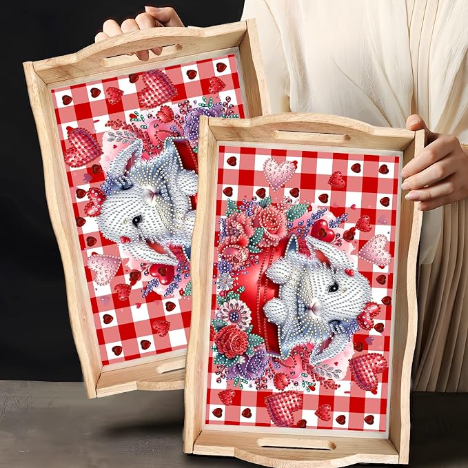 BAYUNOE DIY Diamond Serving Tray Rectangular Breakfast Tray with Handle Handmade Diamond Art Painting Wooden Tray Valentine's Day Red Plaid Dinner Plate Coffee Room Living Home Organizer-Rabbit