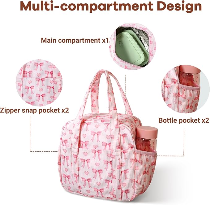 Yarnic Lunch Bag Women Insulated, Large Corduroy Lunch Box for Work with Bottle Pockets, Stylish Reusable Cooler Tote for Adults Teachers Picnic Travel (Pink Bow)