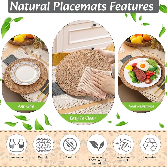 Boho Placemats 4/6/8 Set of Round Woven Placemat Macrame Style Bicolor Stitching Long Table Runner Farmhouse Rustic Natural Burlap Cotton for Kitchen Dining Table (6 Sets,Gray,12x72)