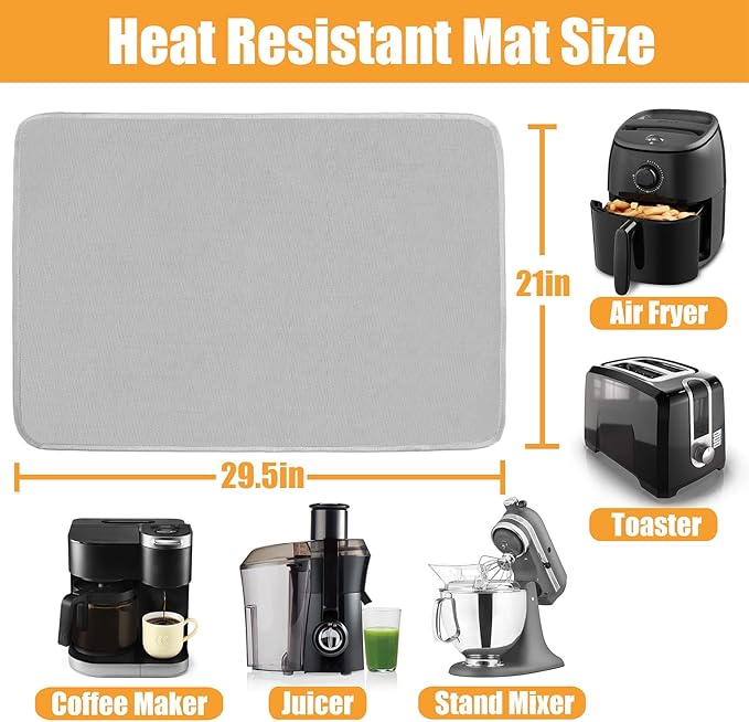 Heat Resistant Mat for Air Fryer, 21 x 29.5in Countertop Protector, Fireproof Silicone Appliance Slider for Coffee Maker, Toaster, Oven (Grey)