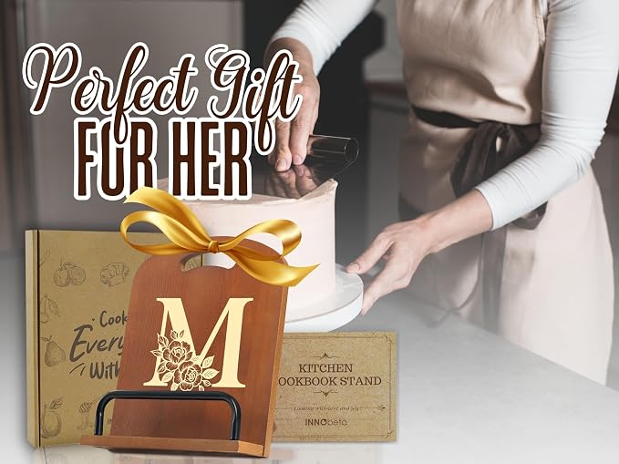 INNObeta Cookbook Stand for Kitchen Counter, Adjustable Tablet Recipe Book Holder, Perfect Gifts for Women, Mom, Grandma on Birthday, Unique Kitchen Decor, Initial M