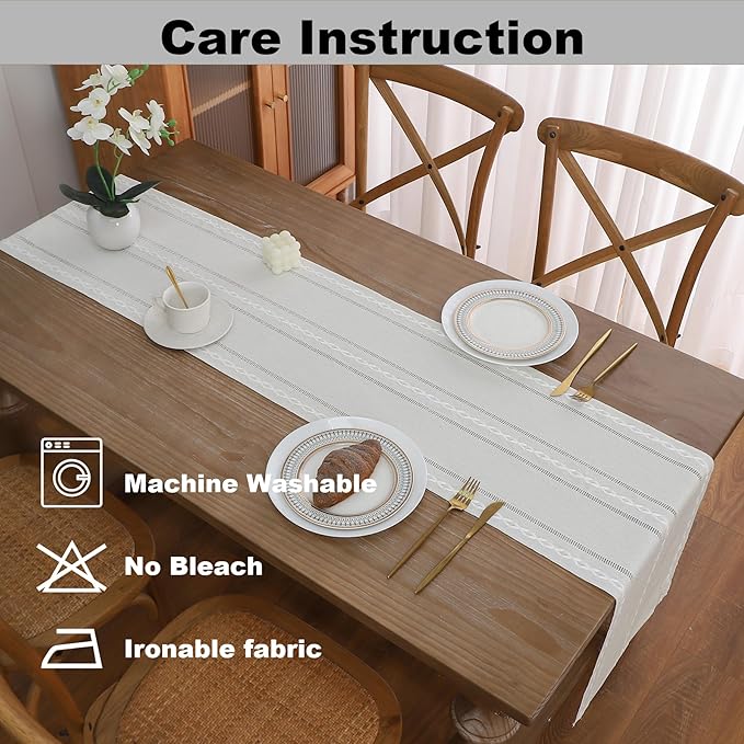 Gernaice 2PCS Boho Table Runner, Rustic Cotton Linen Farmhouse Table Runners for Dresser End Coffee Table Home Decor, 24" L X 13" W Ivory
