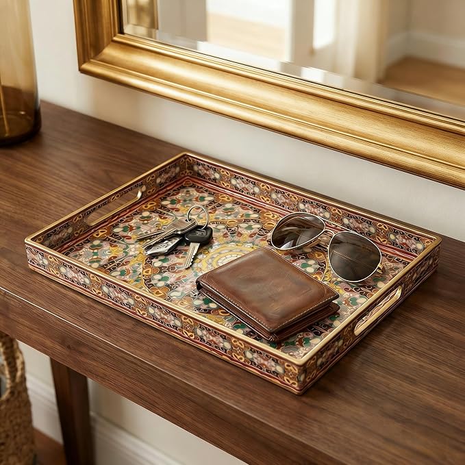 2pcs Boho Red Decorative Serving Tray, Modern Plastic Tray with Handles for Coffee Table, Living Room, Ottoman, Home Decor, Large, 15.7"*11.8"*1.6", Small 13.7"*9.8",