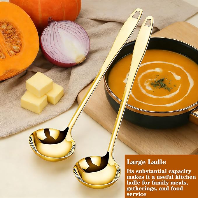 3 Pieces Gold Soup Ladle, 11.6" Metal Ladle Stainless Steel, Large Soup Spoon With Handle for Serving, Stirring, Cooking Spoon for Kitchen