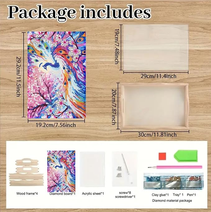DIY Diamond Serving Tray Rectangular Wooden Breakfast Tray with Handle Handmade Diamond Art Painting Spring Creative Dinner Plate Coffee Room Living Home Organizer-Peafowl