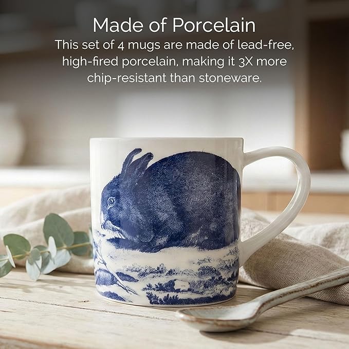 Caskata Bunnies Blue Oversized Mugs Set of 4 | High-Design Premium Lead-Free Porcelain Mug Set for Entertaining or Everyday | Unique Party Mugs for Wedding or Birthdays | 14 oz