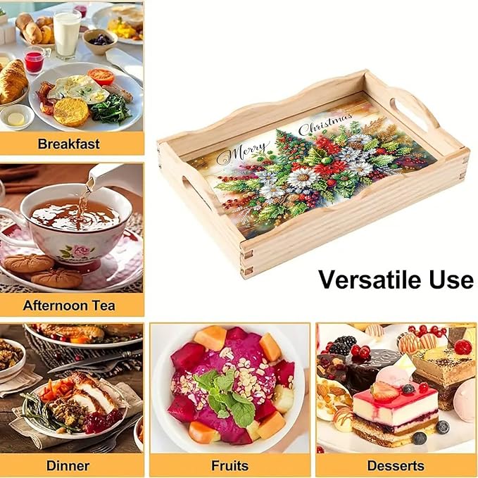 BAYUNOE DIY Diamond Serving Tray Christmas Rectangular Breakfast Tray with Handle Handmade Diamond Art Painting Wooden Tray for Dinner Plate Coffee Room Living Home Organizer-Christmas Flowers