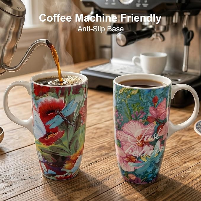 DUSVALLY Set of 2 Ceramic Travel Mug with Handle and Splash-Resistant Slider Lid, Suitable for Coffee and Tea, Microwave & Dishwasher Safe, Pink+Green Flower Mug