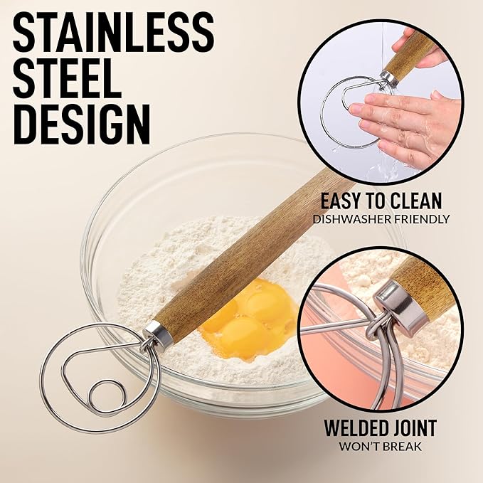 Zulay Kitchen 13-Inch Danish Dough Whisk - Stainless Steel Wooden Whisk with Dough Hook - Sourdough Whisk for Bread, Pizza, Pastry, Cake Batter & More - Acacia