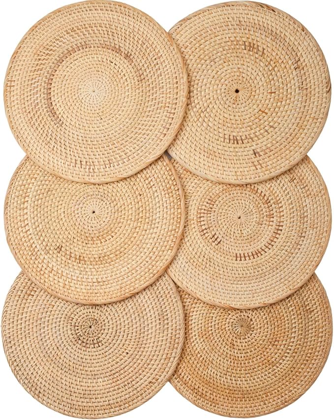 6-Pack Rattan Placemats - 13-inch Round Placemats (Natural Rattan Color) - Woven Place Mats, Round Table Mats - Wicker Chargers for Dinner Plates, Plate Chargers Boho
