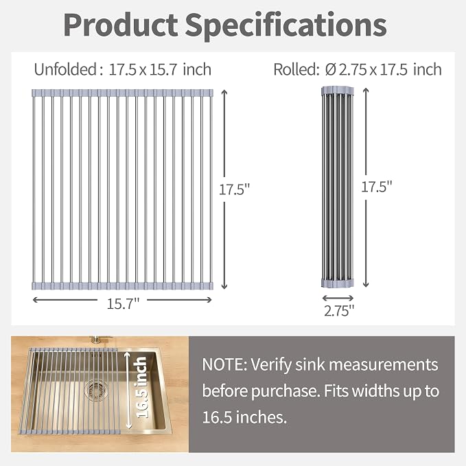 Roll Up Dish Drying Rack for Over Sink - 17.5"x15.7" Foldable Stainless Steel Kitchen Drainer,Gray