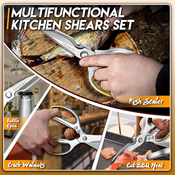 TIJERAS Kitchen Scissors Set Gold - Stainless Steel Kitchen Shears, Sharp Meat Scissors, Heavy Duty Poultry Shears, Japanese Cooking Scissor for Food, Chicken, and Turkey, Gifts for Women Men