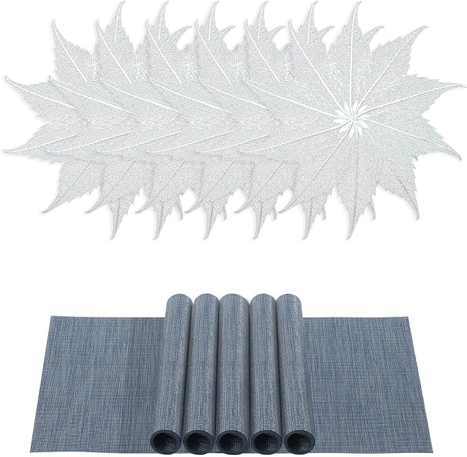 BACKTOEDEN Placemats Set of 6 Heat Resistant Washable Wipeable Placemat Woven Non-Slip Foldable Vinyl/Plastic Place Mats Indoor/Outdoor Mat Kitchen Dining Table Pad, Silver Maple Leaf & Blue