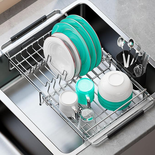 Urackify Dish Drying Rack in Sink - 304 Stainless Steel Expandable (14.5''-18''L) Over The Sink Dish Rack with Utensil Holder, Space-Saving Dish Drainer for Kitchen Counter, Silver