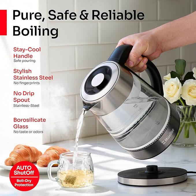 MUELLER HOME Rapid Boil Electric Tea Kettle 1.8L – Borosilicate Glass & Stainless Steel – BPA-Free Hot Water Boiler, LED Light, Auto Shut-Off, Boil Dry Protection Fast Water Heater, Kitchen Appliances