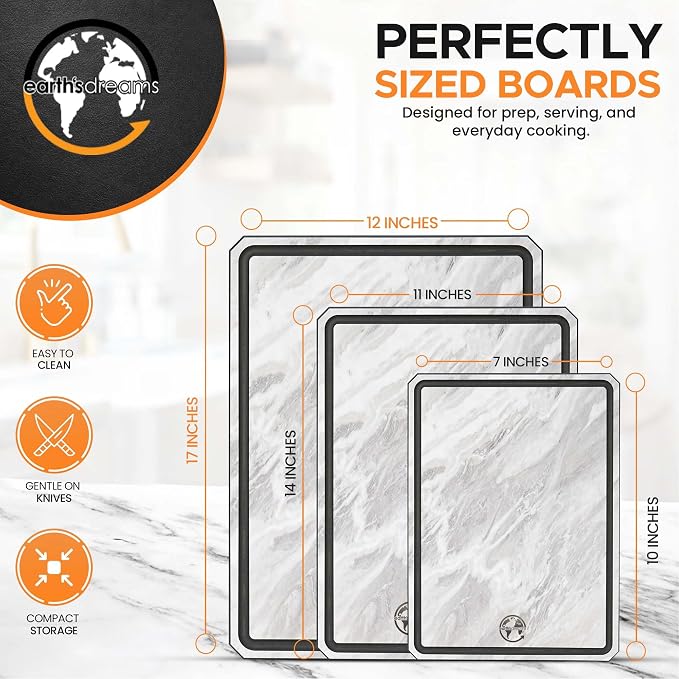 Earth's Dreams Composite Wood Cutting Board Set of 3 – Dishwasher Safe Kitchen Cutting Boards with Marble Stone Look – Large, Medium & Small Chopping & Charcuterie Boards