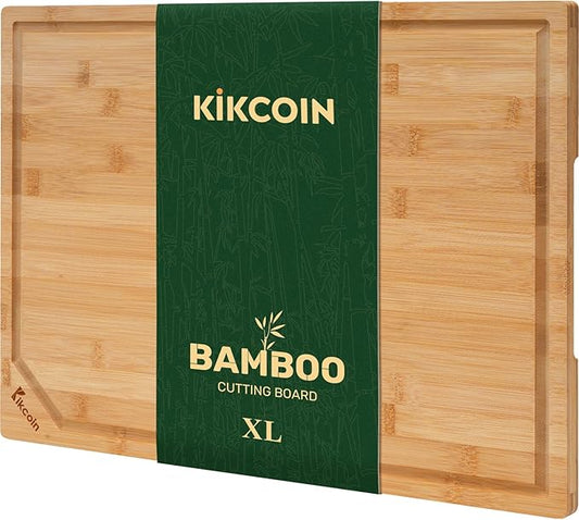 Kikcoin 17”×11” Bamboo Cutting Boards for Kitchen, Healthy Wooden Cutting Boards for Kitchen, Charcuterie, Vegetables, Cheese, Extra Large Chopping Boards with Deep Juice Groove and Handle, Natural