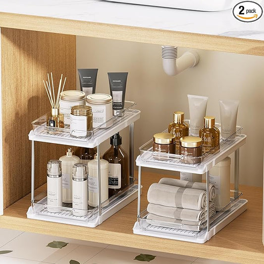 Delamu 2-Tier Bathroom Under Sink Organizers and Storage, Pull Out Cabinet Drawers with Anti-Slip Design, Multi-Purpose Storage for Kitchen, Pantry, Bathroom & Home Organization, White, 2 Pack
