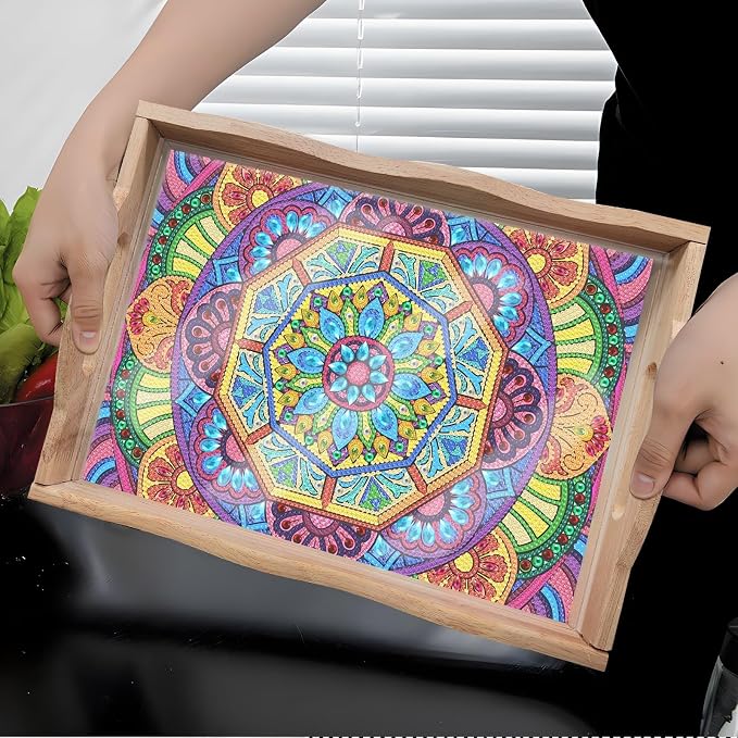 Generic DIY Diamond Serving Tray Rectangular Upgrade Increase Breakfast Tray with Handles Handmade Diamond Art Painting Wooden Tray Dinner Plate for Coffee Living Room Home Organizer-Mandala05